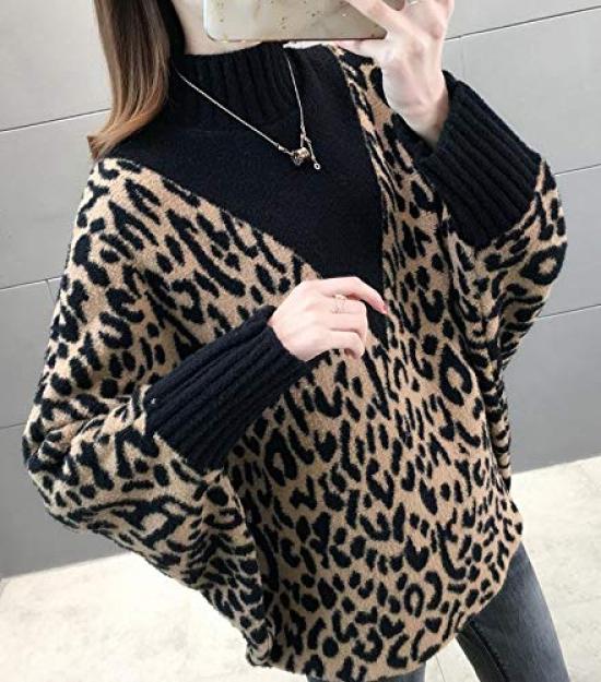 QYY Knit Loose Leopard High Dolman Fashionable Top for and Winter Women's Sweater, Fit, Pullover, Print, Neck, Sleeves, Spring, Autumn, (Black V-Neck)