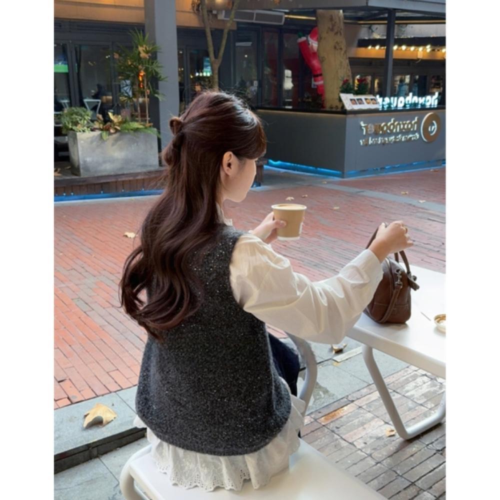 Autumn Lace Patchwork Tie-Up Stand Collar Long Sleeve Shirt for Women