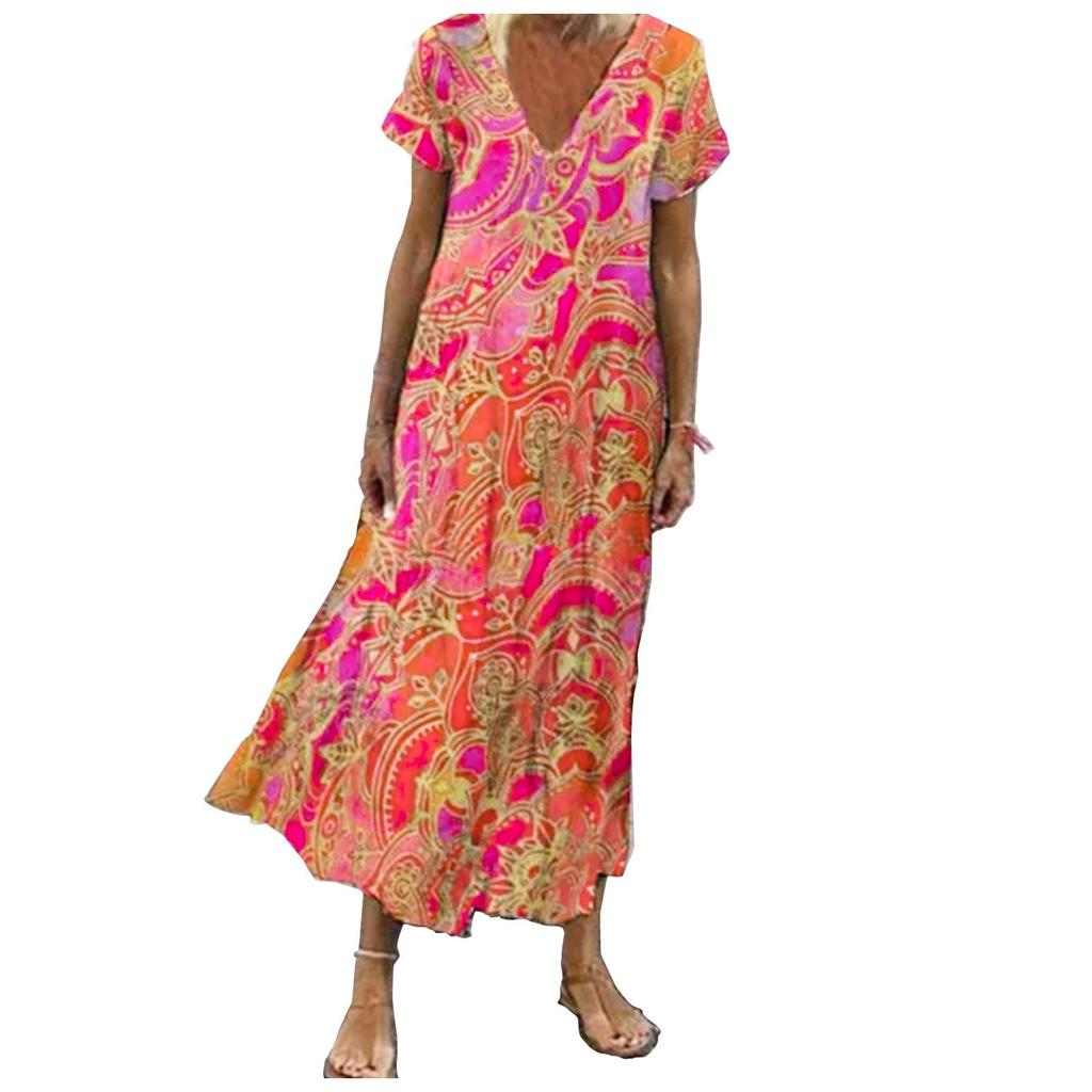 Women's Short Sleeve Maxi Dress Casual Beach Summer Dress V Neck Printed Dress Elegant Dress Dress Loose Dress Boho Dress
