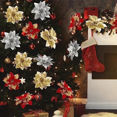 Frohe Weihnachten Neujahr Glitter Künstliche Geschenk Dekorationen für Home 1Pc 14cm Weihnachten Baum Ornamente Weihnachten Blumen Zubehör