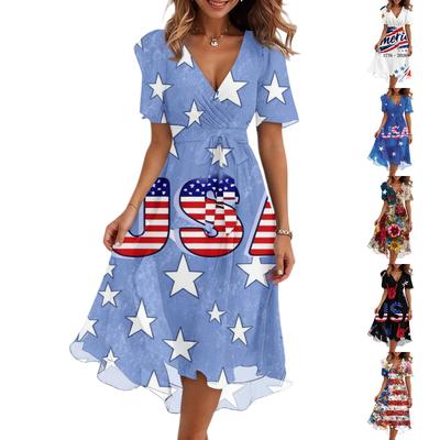 Vestido casual feminino fashion com decote V, manga curta, estampado para o Dia da Independência