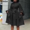 VONDA Women Plus Size Fashion Solid Color Stand Collar Pocket Long Sleeve Dresses