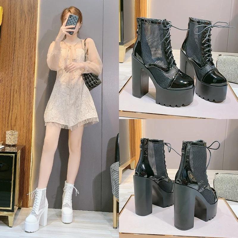 Fashion 14CM Hollow Out Women Mesh Boots High Heels Summer Autumn Sexy Nightclub Shoes Female Back Zipper Basic Boots Platform Cheap
