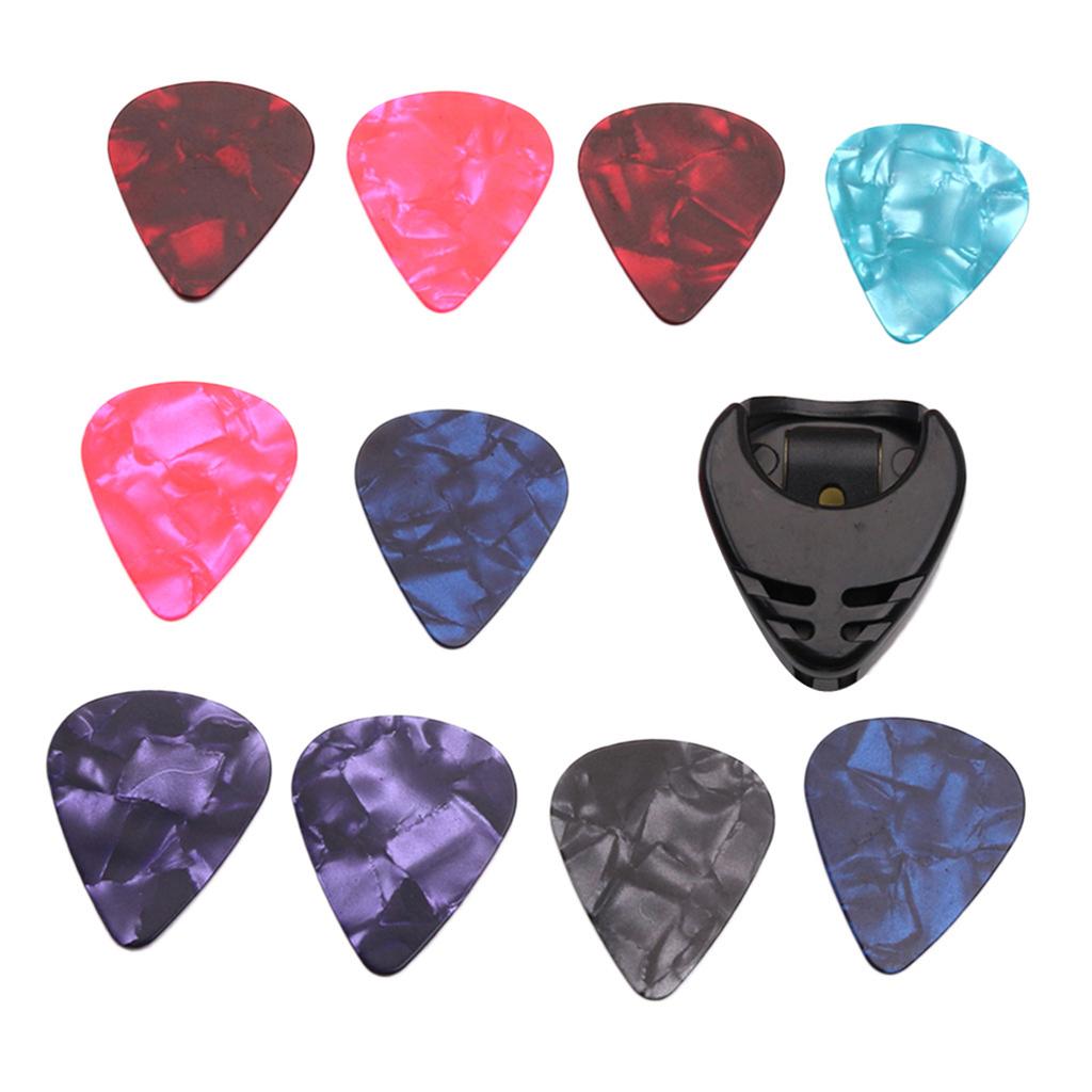 10Pcs Acoustic Electric Bass Guitars Pick Non-slip Guitar Pick Plectrums with Pick Holder Colorful Guitar Plectrums