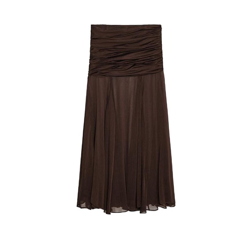 

Summer New Product Women s Clothes Vacation Style Asymmetric Hem Mid Waist Translucent Ruched Design Skirt 3111375 Dark brown L