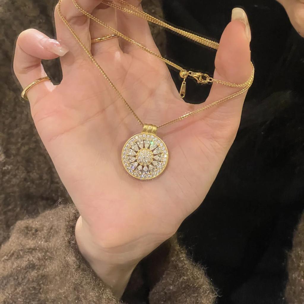 Women Light‑Luxury Necklace, New Chinese Style Full Diamond Double‑Sided Hollow Brushed Forged Compass Lemon Slice Pendant