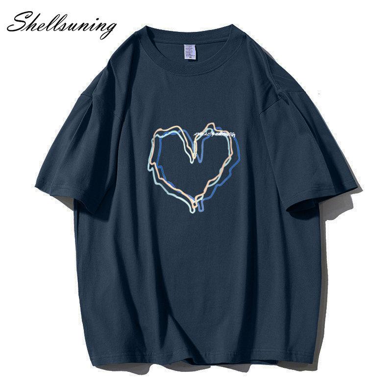 Shellsuning Loose O Neck Cotton Printed Shirts Women Summer Kawaii Heart Graphic Tees Female Casual Short Sleeve Base Black Tops