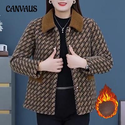 Herbst und Winter Damenbekleidung Plus Size Modische Jacke Mittleren Alters und Ältere Damen Außerhalb Der Tausend Vogel Plaid Square Collar Tide