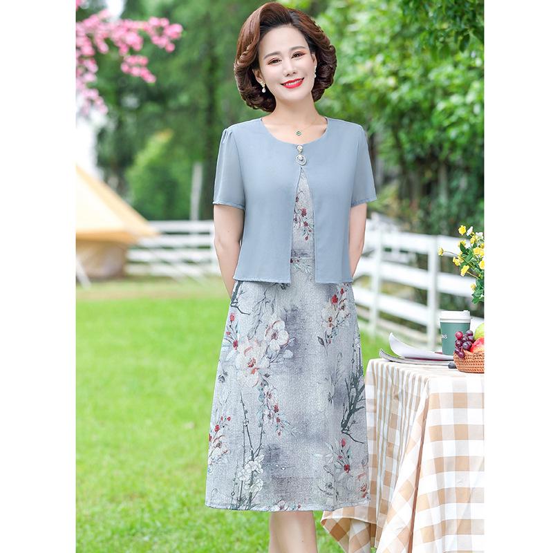 

Stylish Chiffon Two-Piece Dress for Middle-Aged Women - Short Sleeve Summer Elegance XL