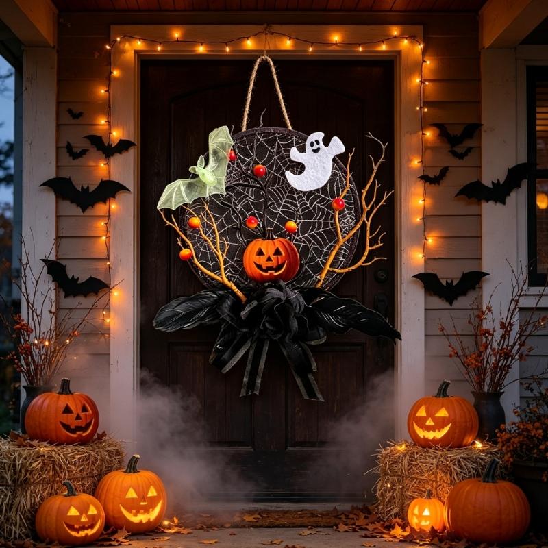 Autumn Entryway Wreath for Indoor Display with Bat Figures, Seasonal Symbol, and Loop Included for Quick Hook Placement, 11.4 Inch Size
