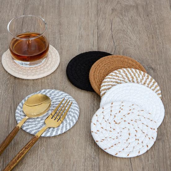 Boho Cotton Coaster Set with Holder Absorbent Heat-Resistant Placemats for Kitchen Dining Non-Slip Reusable Rustic Home Decor for Cups Mugs