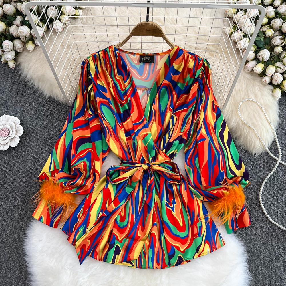 

Осеннее европейское и американское сексуальное платье трапециевидной формы с v-образным вырезом и пузырьками на талии с длинными рукавами и тонким масляным принтом