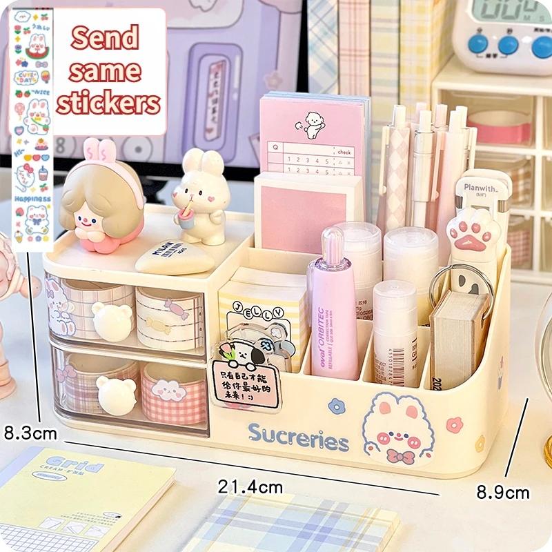 

2026 New Desktop Storage Box Organizer Cute Bear Handle Drawer Type Desk Organizer Multi-grid Pen Holder with Kawaii Stickers