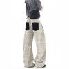 American Leopard Print Patch Pocket Jeans Men's and Women's Summer High Street Design Scimitar Pants Loose Large Size Wide Leg Pants