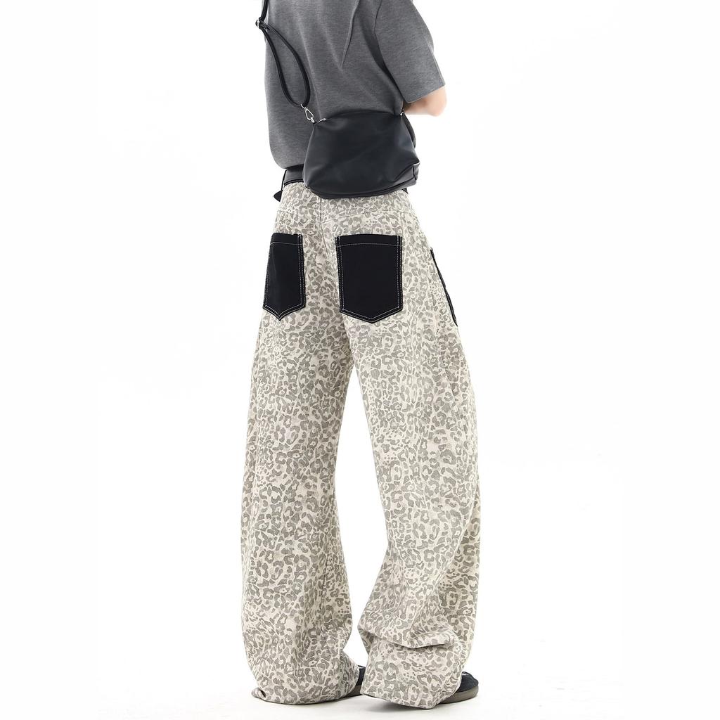 American Leopard Print Patch Pocket Jeans Men's and Women's Summer High Street Design Scimitar Pants Loose Large Size Wide Leg Pants