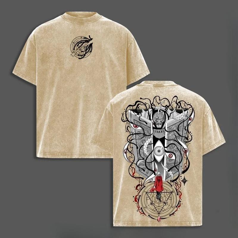 

Edward Elric Fullmetal Alchemist Anime Clothing Men Women T-shirts Vintage Washed T Shirt Casual Cotton Tshirt Harajuku Tops XXL коричневий