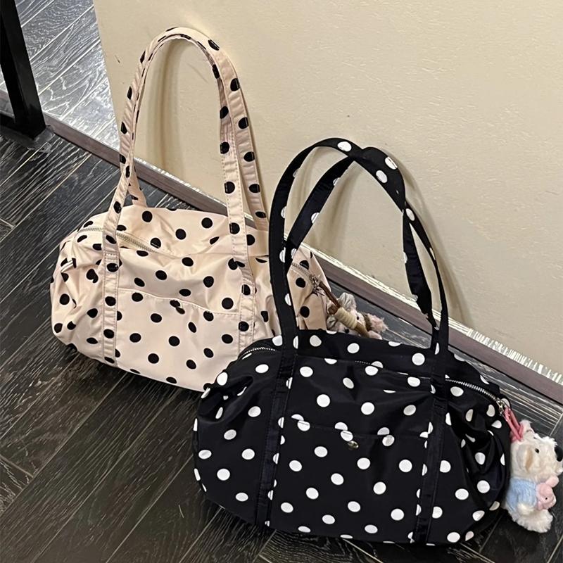 Korean Polka Dot Tote Bag Lightweight Nylon Handbag Women Casual Commute Shoulder Bag Large Capacity Sports Foldable Storage Bag