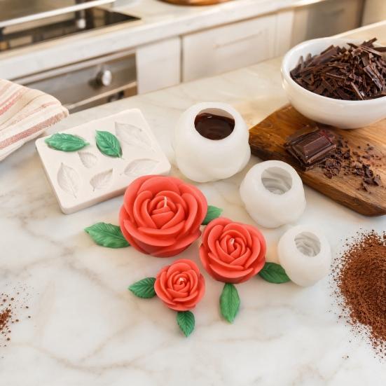 4Pcs Flower Silicone Mold, DIY Rose Candle Soap Making Mold, Flexible Epoxy Resin Mold for Chocolate, Baking Craft Gift