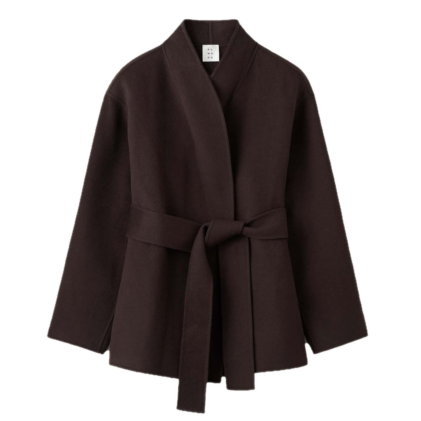 

Темно-коричневое короткое пальто с поясом и высоким воротником для женщин, осенне-зимняя модная верхняя одежда L