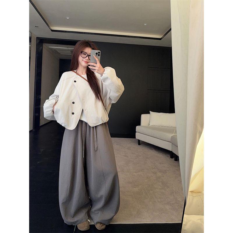 

Kumikumi Fashion Set Solid Temperament Long sleeve Outerwear Women Autumn High Waist Slimming Casual Pants Two-piece Set Gray trousers XL
