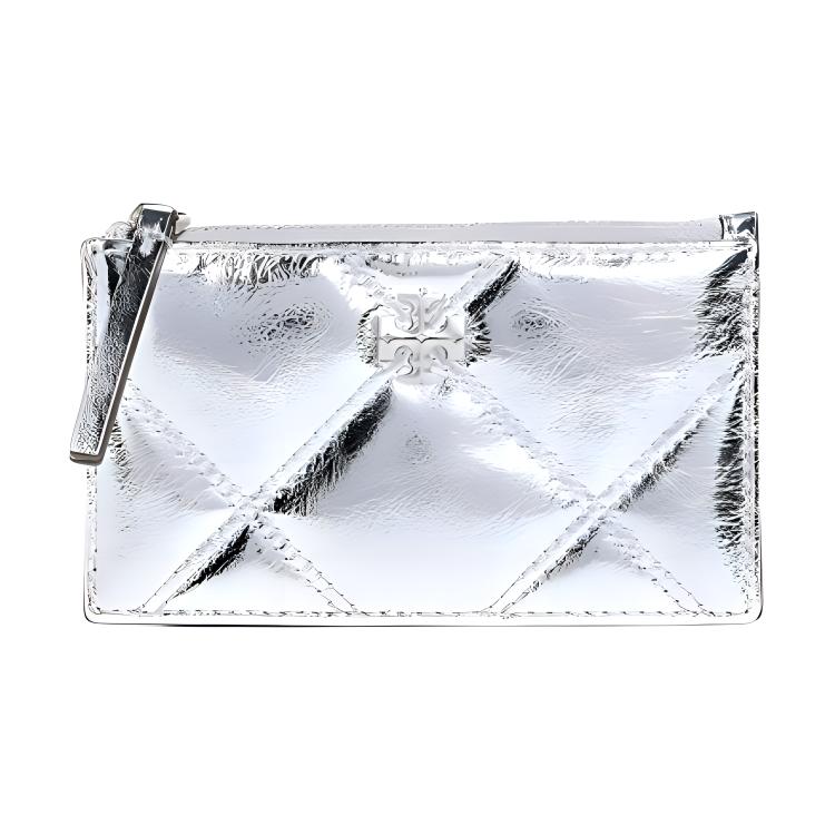 Tory Burch Kira Double T Hardware Pleated Metallic Design Leather Card Holder Women accessories Silver 158632-040 Basic Set BagDust Bag 23490₽