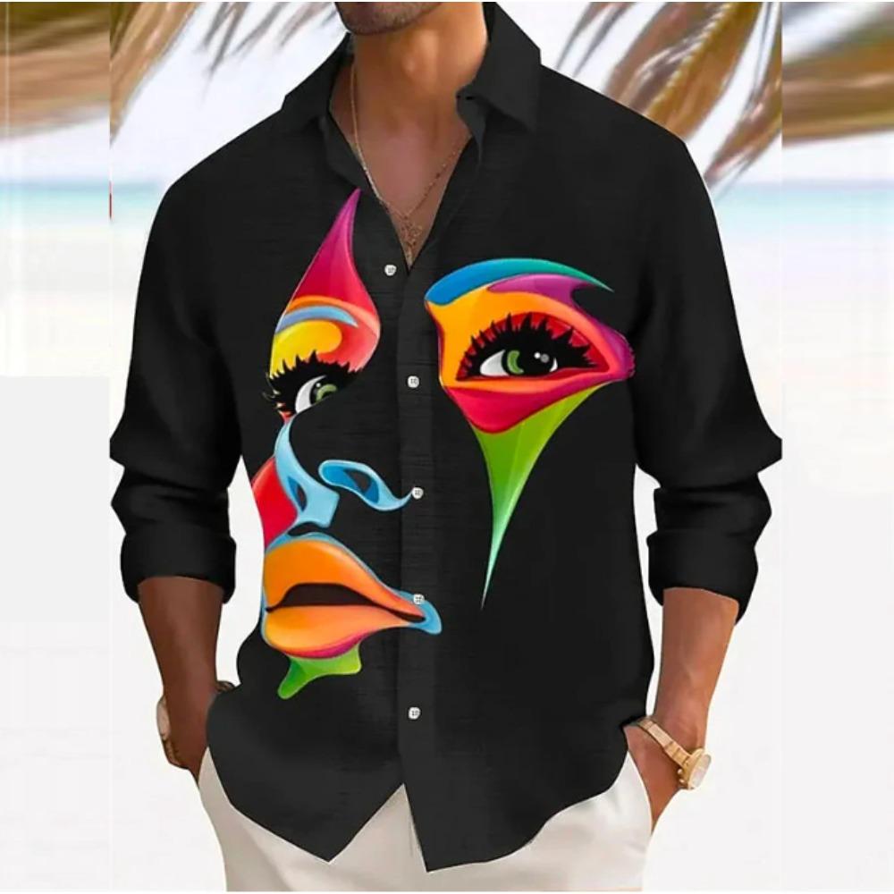 Herren Narren Aufdruck Langarmshirts Lässiger Cardigan Neue Knöpfe Urlaubsmode Hemden