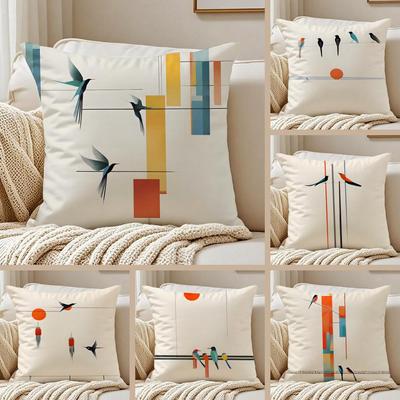 Minimalist Abstract Geometric Bird Pattern Cushion Cover Pillowcase Antidustmite Invisible Zipper Short Plush Sofa Cushion