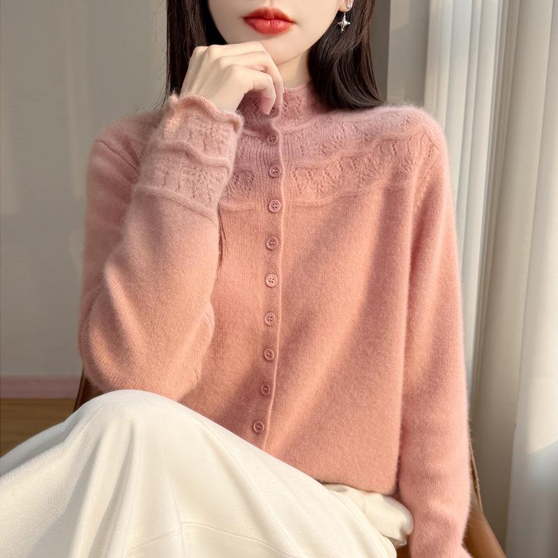 Velvet Knit Cardigan: Women's Half-High Collar, Thick Wave Pattern, Seven-Needle Crochet Sweater