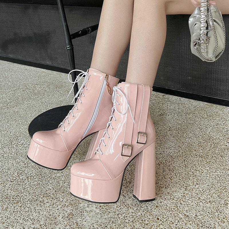  short boots patent leather round head thick sole thick heel super high heel front lace-up Martin boots belt buckle  ankle short boots