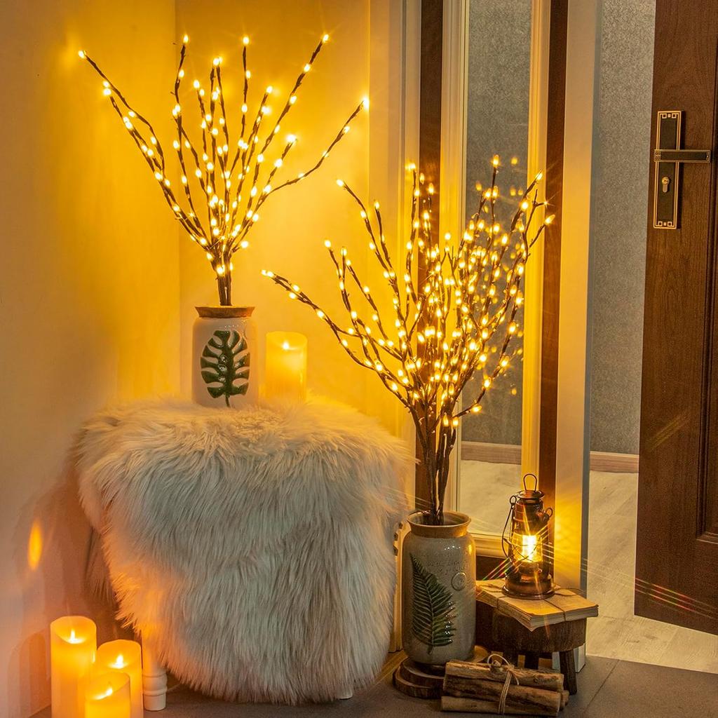 PEIDUO Lighted Brown Branches with Timer, 30Inch 3PK 60 LED Pathway Lights, Willow Branch Lights for Home Decorations Indoor Apartment Outdoor Stake