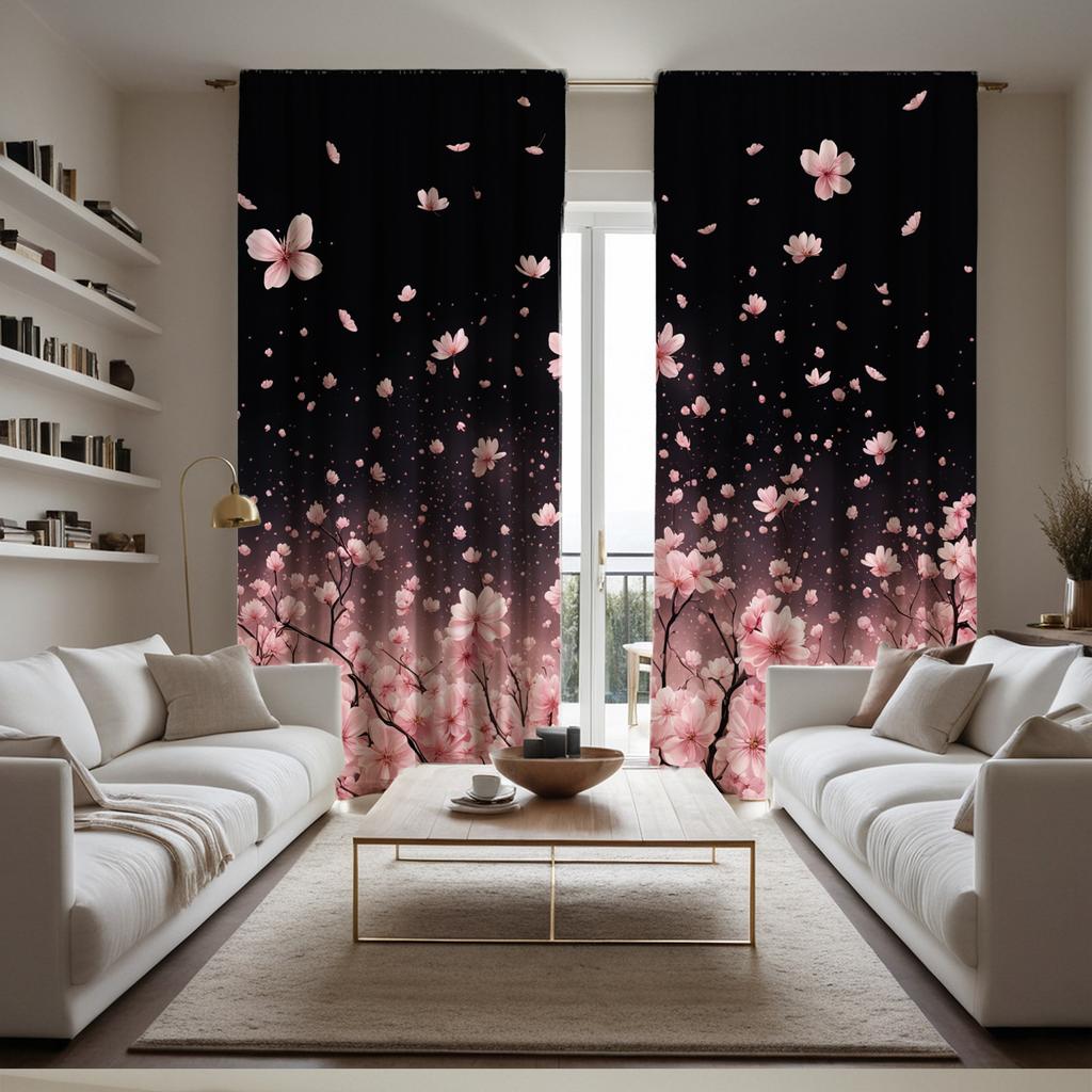 2PCS Black to Pink Cherry Blossom Print Sheer Polyester Curtains Rod Pocket Top for Living Room Bedroom Home Decor