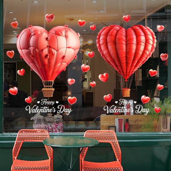 Hot Air Balloon Window Cling Happy Valentine's Day Heart Shape Balloon Static Glass Sticker Waterproof Wedding Holiday Party Window Decoration Decal