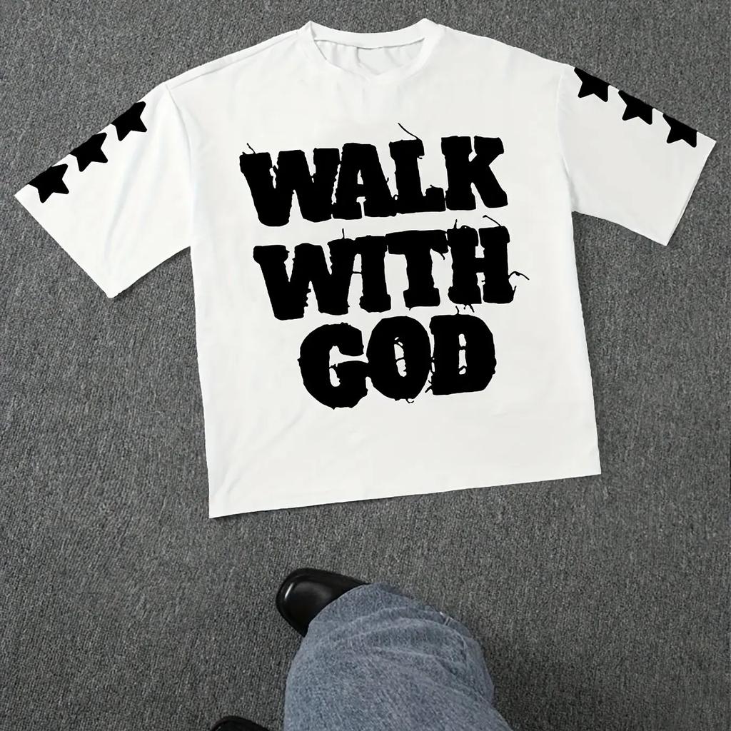 2025 Summer New Unisexs Black Walking with God Pattern TShirt Casual Short Sleeve White Letter Printing Starry Sky Design