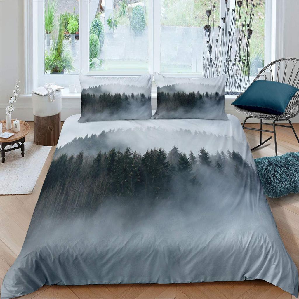 Smoky Mountain King Queen Bettbezug Grauer Nebel Kiefern Bettwäscheset Retro Naturlandschaft Kunst 2/3-teilig Polyester Bettdeckenbezug