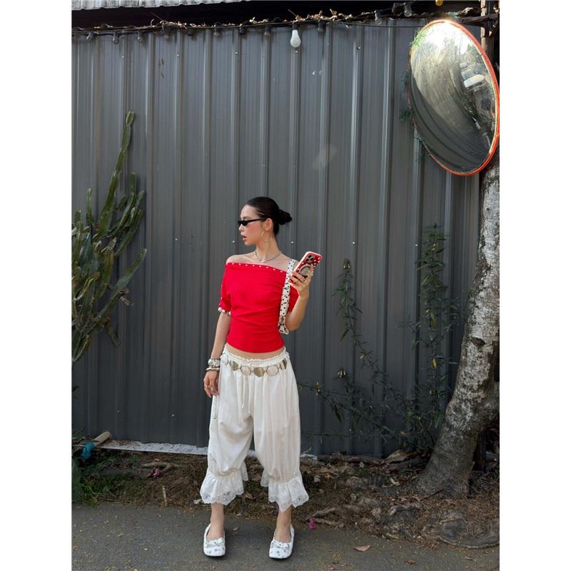 Romantic White Lace Trim Drawstring Wide-Leg Cropped Pants