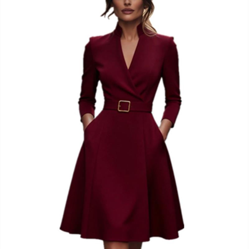 European and American fashion new models, solid color temperament elegant waist V-neck pendulum dress women's clothing