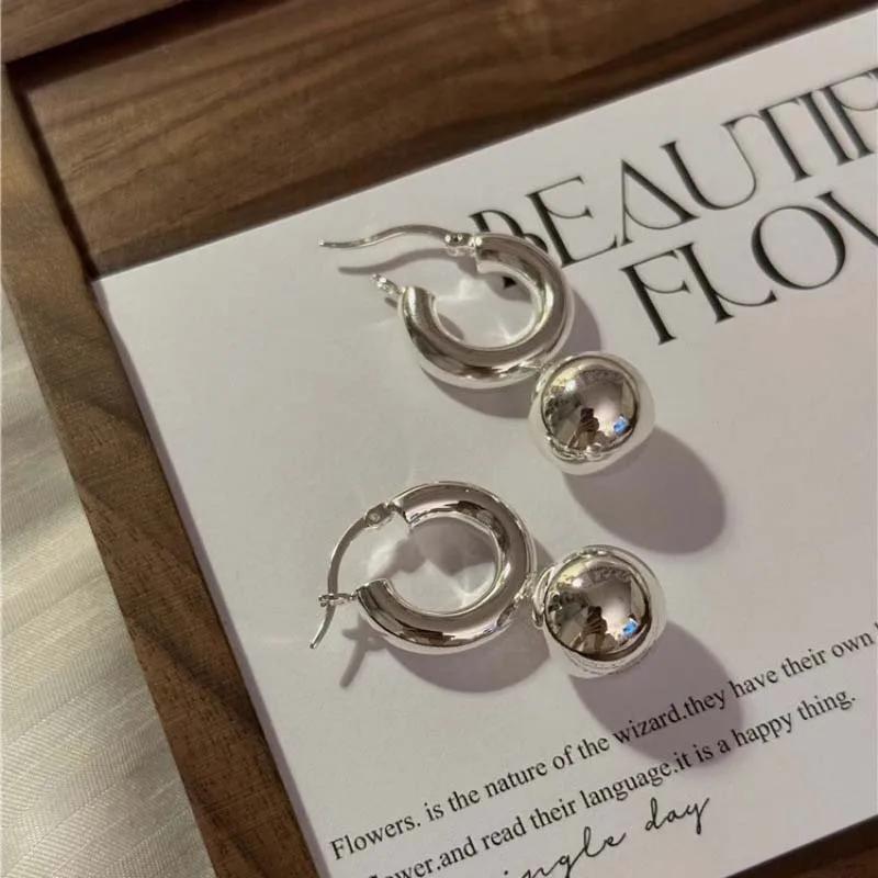 Vintage Metal Gold Color Smooth Ball Drop Earrings For Women Girl Minimalist Stainless Steel Hoop Earrings Jewelry Gifts