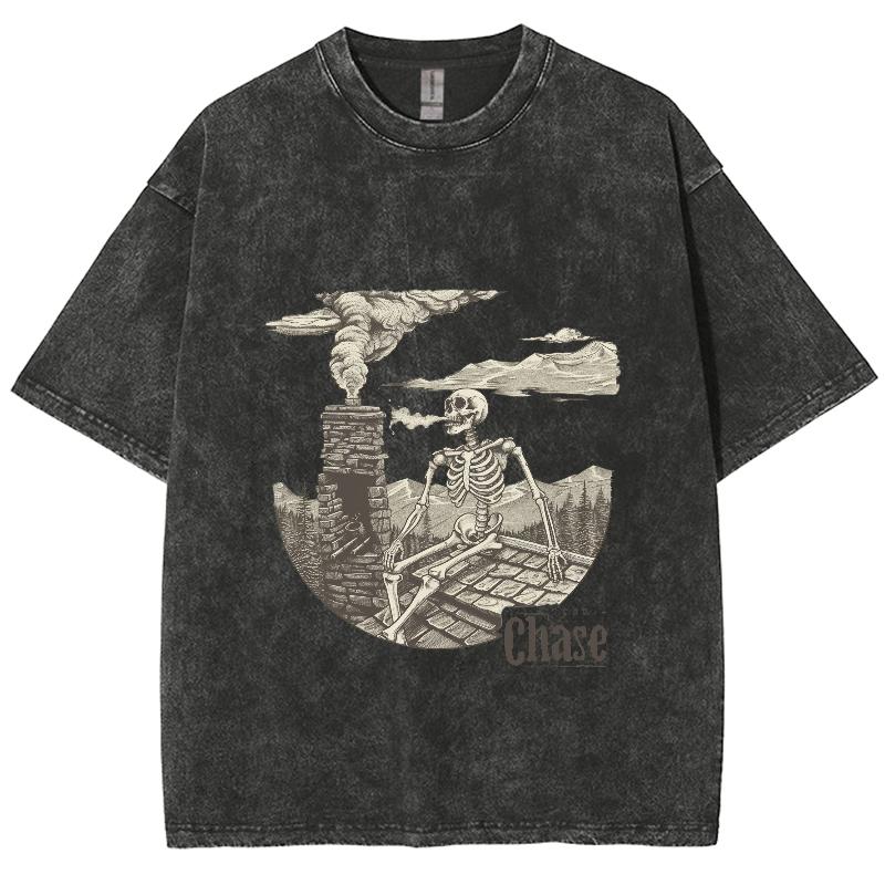 Cartoon Skull City Industrial Print Cotton Wash T-Shirt Women's Men's Oversized Crew Neck Short Sleeve Design Niche Top