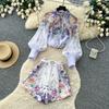 Summer Autumn New Arrival Flower Print Two Piece Pants Sets Women's Lantern Sleeve Blouse Tops and High-Waisted Wide-Leg Shorts Sets