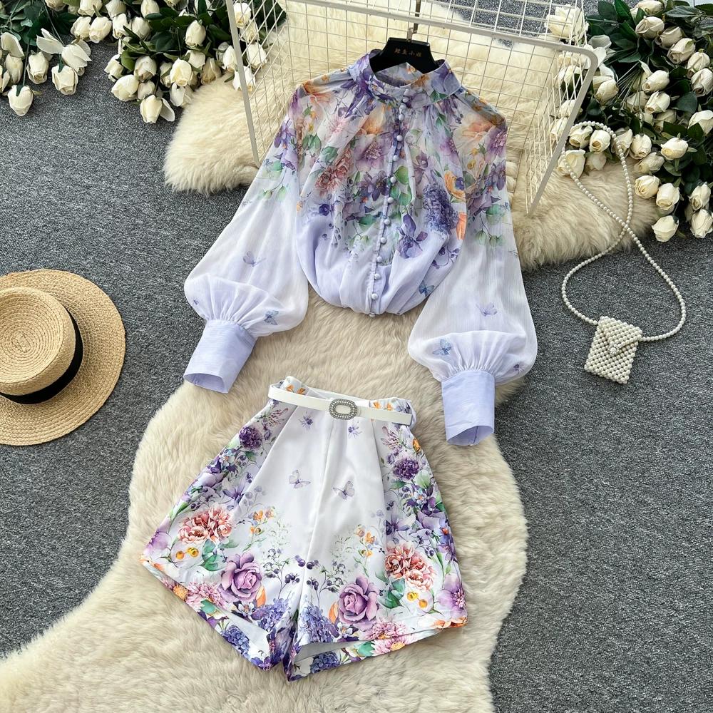 Summer Autumn New Arrival Flower Print Two Piece Pants Sets Women's Lantern Sleeve Blouse Tops and High-Waisted Wide-Leg Shorts Sets