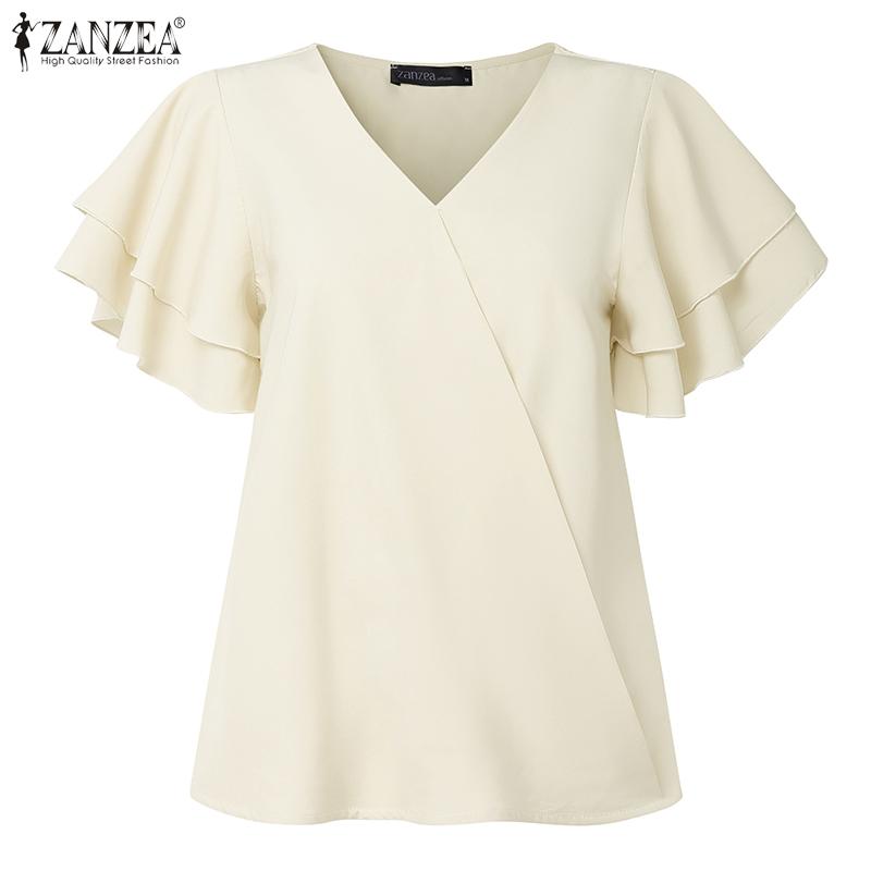 ZANZEA Women Summer V-Neck Ruffles Short Sleeve Casual Blouse