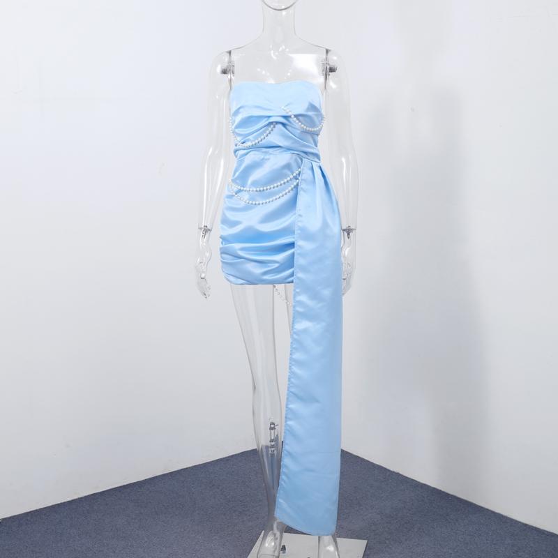 Blue Pearls Pleated Strapless Dress Women's Sexy Backless Lace Up Sleeveless Dresses Irregular Hem