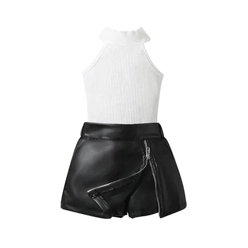 

Kids Baby Girl Clothes 2pcs Outfits Solid Ribbed Sleeveless Tank Tops Leather Zipper A-line Skorts Summer Set 90 белый