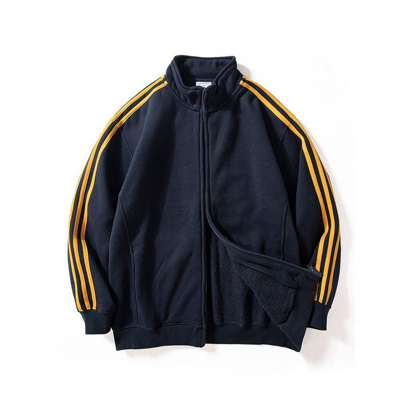 Men's Autumn and Winter Warm Fleece-Lined Thick Striped Color-Block Sweatshirt, Youthful Loose Casual Zip-Up Jacket with Stand Collar, Trendy