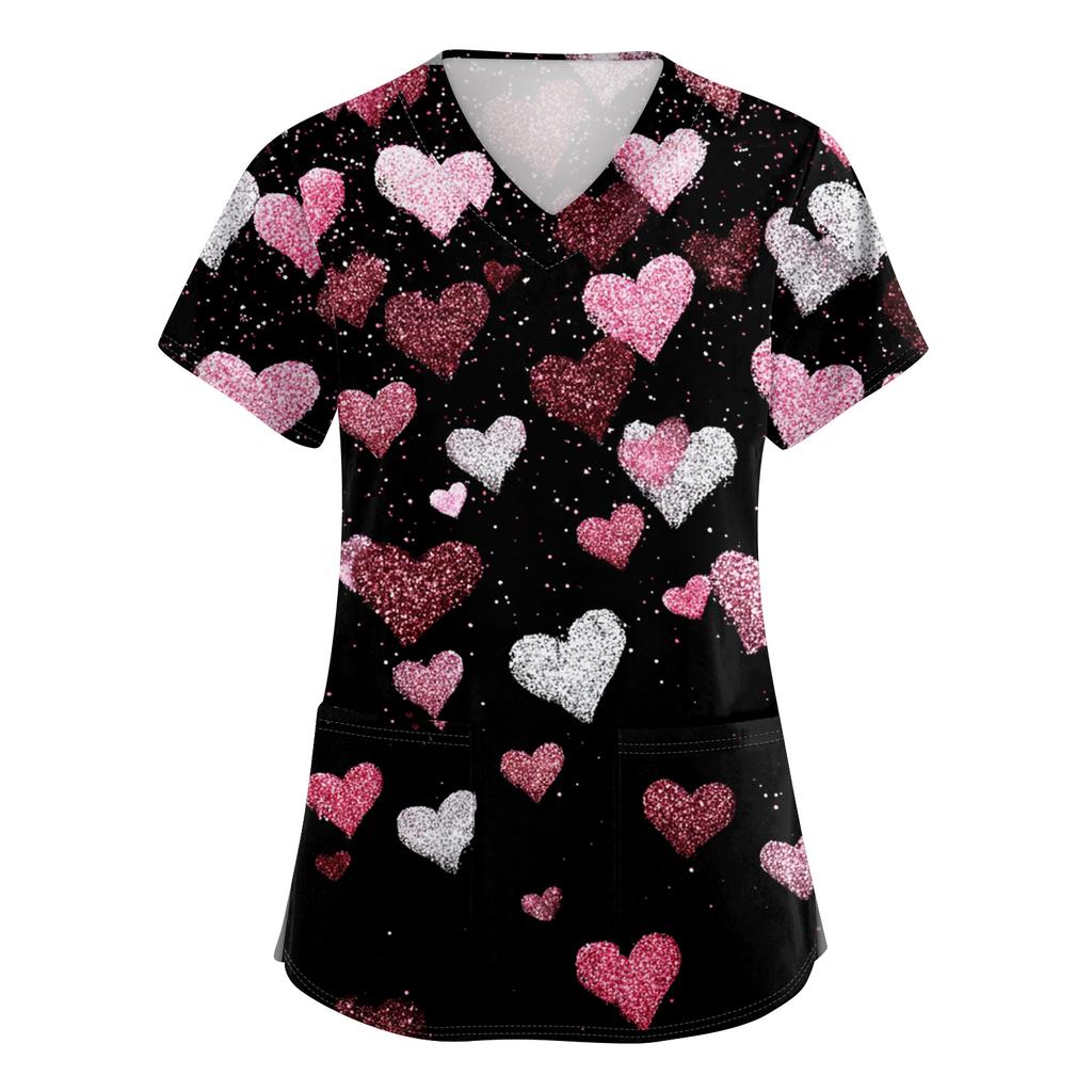 Women's V,neck Valentine's Day Printed Short,sleeved Pocket Side,slit Protective Suit Top