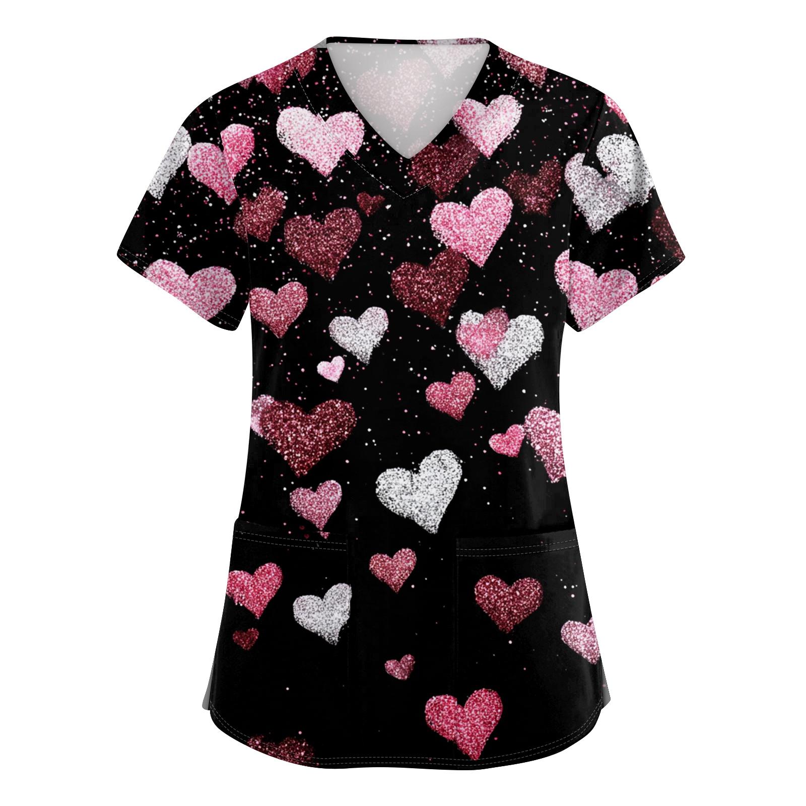 

Women s V-neck Valentine s Day Printed Short-sleeved Pocket Side-slit Protective Suit Top L чёрный