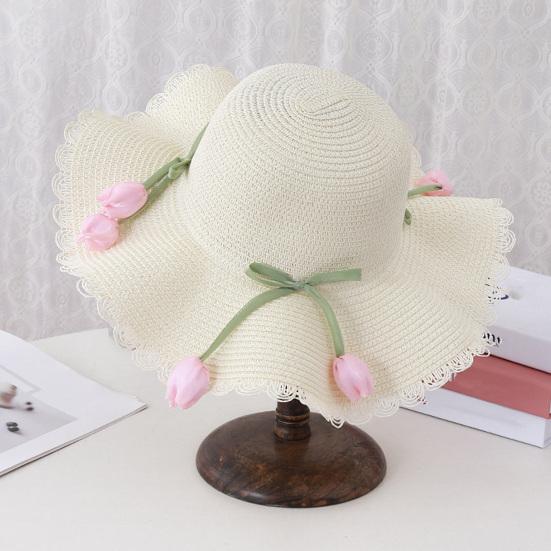Beach Hat Wave Lace Trim Design Tulip Bow Decor Full Face Sun Protection Large Brim UV Blocking Summer Straw Hat