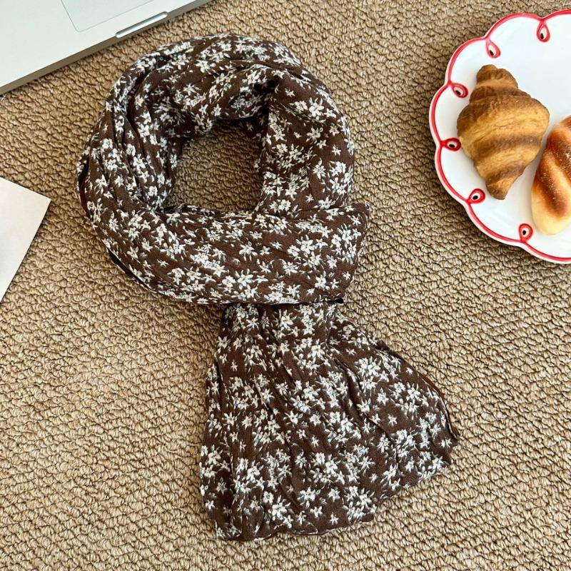 Scarf new versatile literary floral retro pleated cotton and linen scarf versatile women's silk scarf scarf shawl