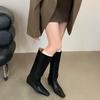 Fashion British Style Small Square Toe Knee High Knight Boots Women Black Shoe Soft Leather Solid Slip On Inner Wedges Long Boot Booties