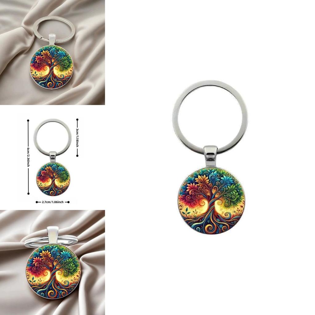 Life Tree Glass Pendant Keychain With Vibrant Line Design For Celebration And Souvenir Use